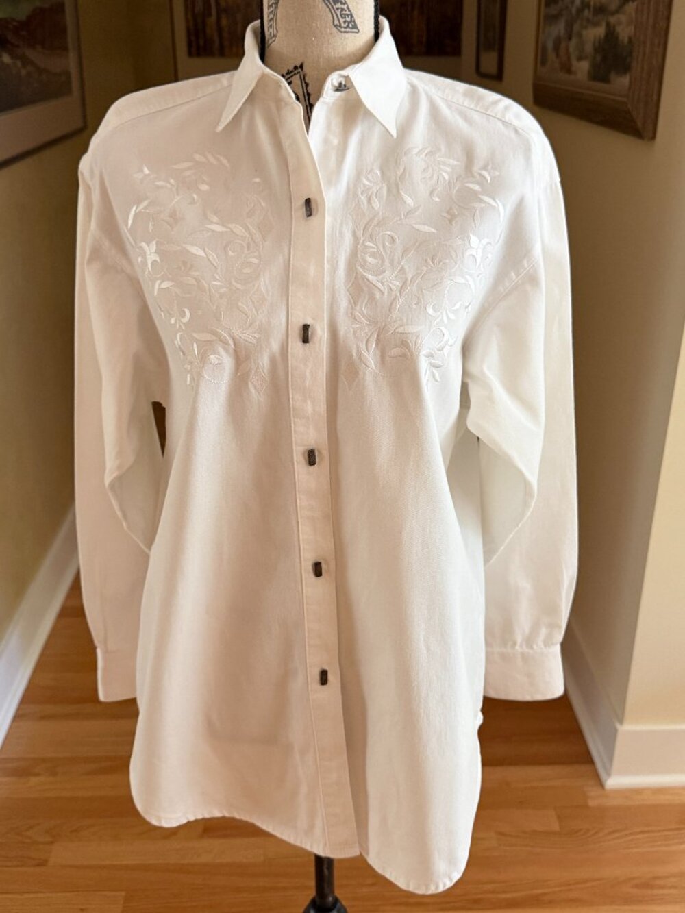 Vintage Lucchese White Cotton Embroidered Shirt Size Medium
